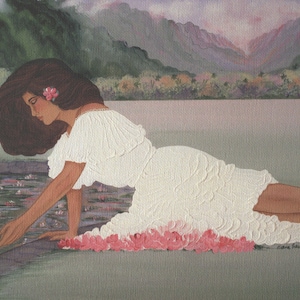 May include: A woman in a white dress with a flower in her hair is lying on a bed of pink flowers. She is reaching out to touch the water in a pond. The background is a lush green landscape with mountains in the distance.