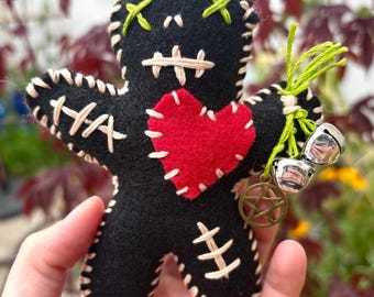 Dolly poppet, hand stitched doll, witchcraft, protection, worry, anxiety, skeleton, pentagram