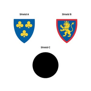 May include: Three heraldic shields on a white background. Shield A is blue with three yellow clover symbols. Shield B is blue with a yellow lion and red border. Shield C is a solid black circle.