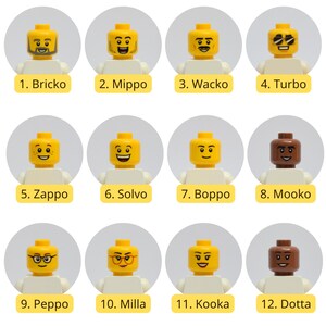 May include: A collection of twelve Lego minifigure heads with various facial expressions and hairstyles. The heads are yellow, with different designs including sunglasses, glasses, and facial hair. Each head is labeled with a name.
