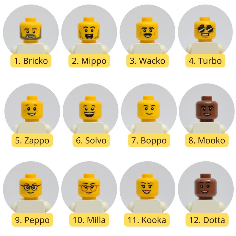 May include: A collection of twelve Lego minifigure heads with various facial expressions and hairstyles. The heads are yellow, with different designs including sunglasses, glasses, and facial hair. Each head is labeled with a name.