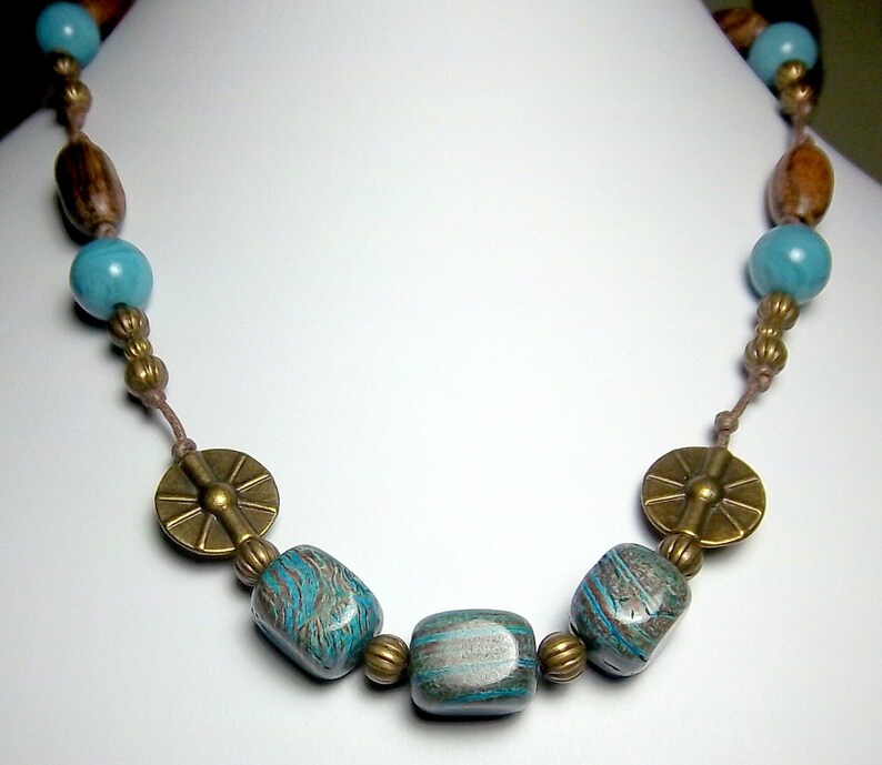 Sky Blue Jasper Necklace Boho Antique Bronze Wood Resin Etsy