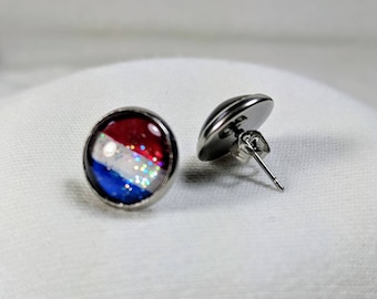 Patriotic Studs, 4th of July Earrings, Hand-Painted, Red White Blue, Glass Cab, Lightweight Studs