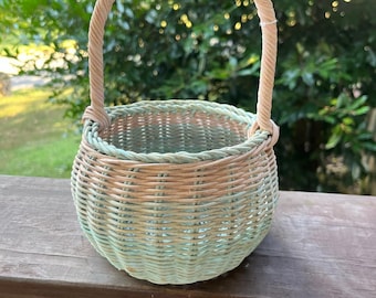 Vintage Woven Wicker Basket Round Gathering Basket Handle Natural Green 8.5in