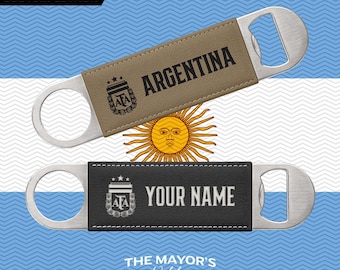 Argentina Laser Engraved Leather Bottle Opener | Customizable Name Text Option | Stainless Steel Flat Bar