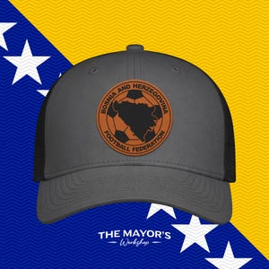 Bosnia Soccer Snapback Hat | Bosnian Leather Patch Cap | Saddle Brown & Black Leather