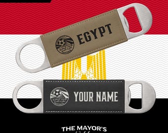 Egypt Laser Engraved Leather Bottle Opener | Customizable Name Text Option | Stainless Steel Flat Bar