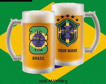 Brazil Soccer Beer Mug 16oz - Custom Frosted Glass Jar for Football Fans