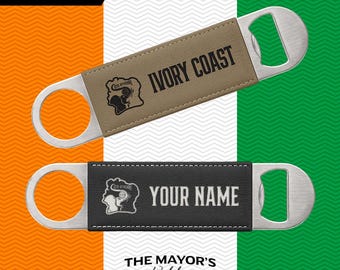 Ivory Coast Laser Engraved Leather Bottle Opener | Customizable Name Text Option
