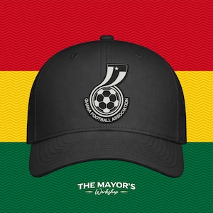 Ghana Soccer Snapback Hat | Ghanaian Leather Patch Cap | Black & White Leather