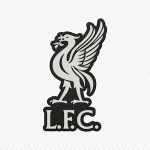 May include: A black and white patch featuring the Liver bird emblem with wings spread and a sprig in its beak, positioned above the bold, capitalized letters L.F.C. The design has a textured appearance and clear, defined edges throughout.