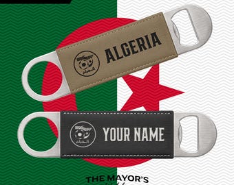 Algeria Laser Engraved Leather Bottle Opener | Customizable Name Text Option | Stainless Steel Flat Bar