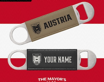 Austria Laser Engraved Leather Bottle Opener | Customizable Name Text Option | Stainless Steel Flat Bar