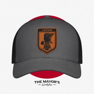 Japan Soccer Snapback Hat | Japanese Leather Patch Cap | Saddle Brown & Black Leather