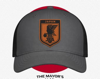 Japan Soccer Snapback Hat | Japanese Leather Patch Cap | Saddle Brown & Black Leather
