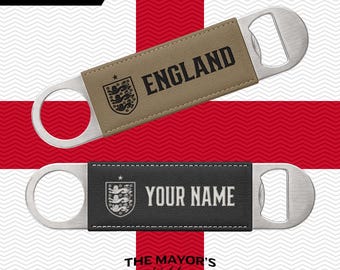 England Laser Engraved Leather Bottle Opener | Customizable Name Text Option | Stainless Steel Flat Bar
