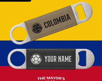 Colombia Laser Engraved Leather Bottle Opener | Customizable Name Text Option | Stainless Steel Flat Bar