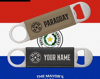 Paraguay Laser Engraved Leather Bottle Opener | Customizable Name Text Option | Stainless Steel Flat Bar