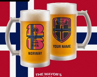Norway Soccer Beer Mug 16oz - Custom Frosted Glass Jar for Football Fans