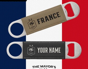 France Laser Engraved Leather Bottle Opener | Customizable Name Text Option | Stainless Steel Flat Bar