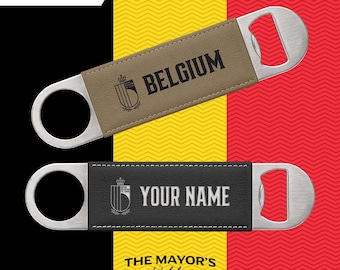 Belgium Laser Engraved Leather Bottle Opener | Customizable Name Text Option | Stainless Steel Flat Bar