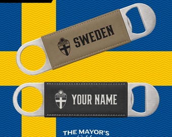 Sweden Laser Engraved Leather Bottle Opener | Customizable Name Text Option | Stainless Steel Flat Bar