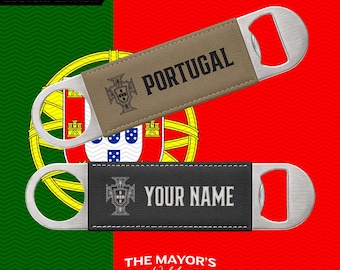 Portugal Laser Engraved Leather Bottle Opener | Customizable Name Text Option | Stainless Steel Flat Bar