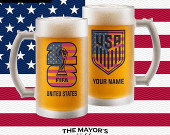 USA Soccer Beer Mug 16oz - Custom Frosted Glass Jar for Football Fans