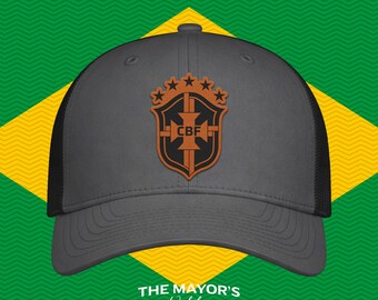Brazil Soccer Snapback Hat | Brazilian Leather Patch Cap | Saddle Brown Leather Patches
