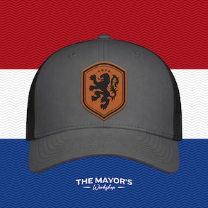 Netherlands Soccer Snapback Hat | Dutch Leather Patch Cap | Saddle Brown & Black Leather