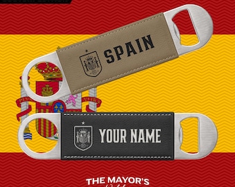 Spain Laser Engraved Leather Bottle Opener | Customizable Name Text Option | Stainless Steel Flat Bar