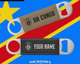 DR Congo Laser Engraved Leather Bottle Opener | Customizable Name Text Option | Stainless Steel Flat Bar