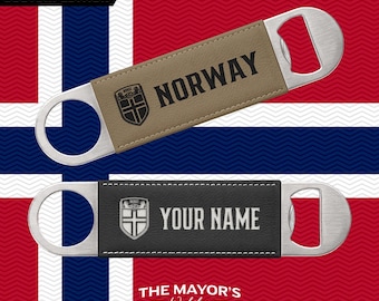 Norway Laser Engraved Leather Bottle Opener | Customizable Name Text Option | Stainless Steel Flat Bar