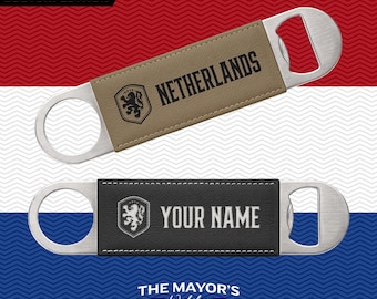 Netherlands Laser Engraved Leather Bottle Opener | Customizable Name Text Option | Stainless Steel Flat Bar