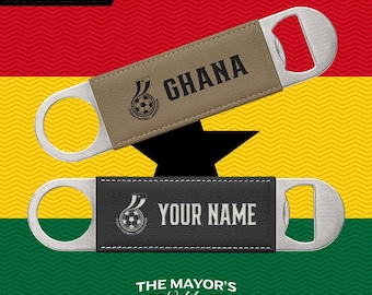 Ghana Laser Engraved Leather Bottle Opener | Customizable Name Text Option | Stainless Steel Flat Bar