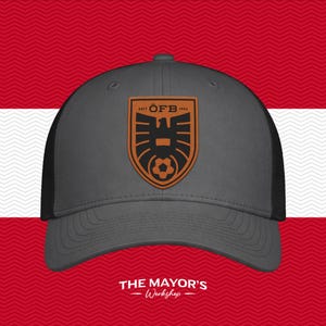 Austria Soccer Snapback Hat | Austrian Leather Patch Cap | Saddle Brown & Black Leather