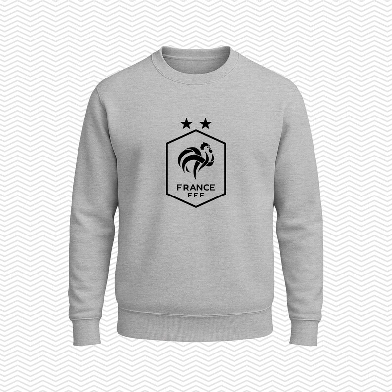 Puede incluir: Una sudadera gris claro de cuello redondo con un gr&aacute;fico negro en el pecho. El gr&aacute;fico consiste en un borde hexagonal que contiene un icono de gallo estilizado sobre el texto FRANCE y FFF, con dos estrellas de cinco puntas sobre el hex&aacute;gono.