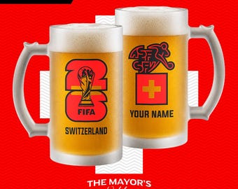 Switzerland Soccer Beer Mug 16oz - Custom Frosted Glass Jar for Football Fans