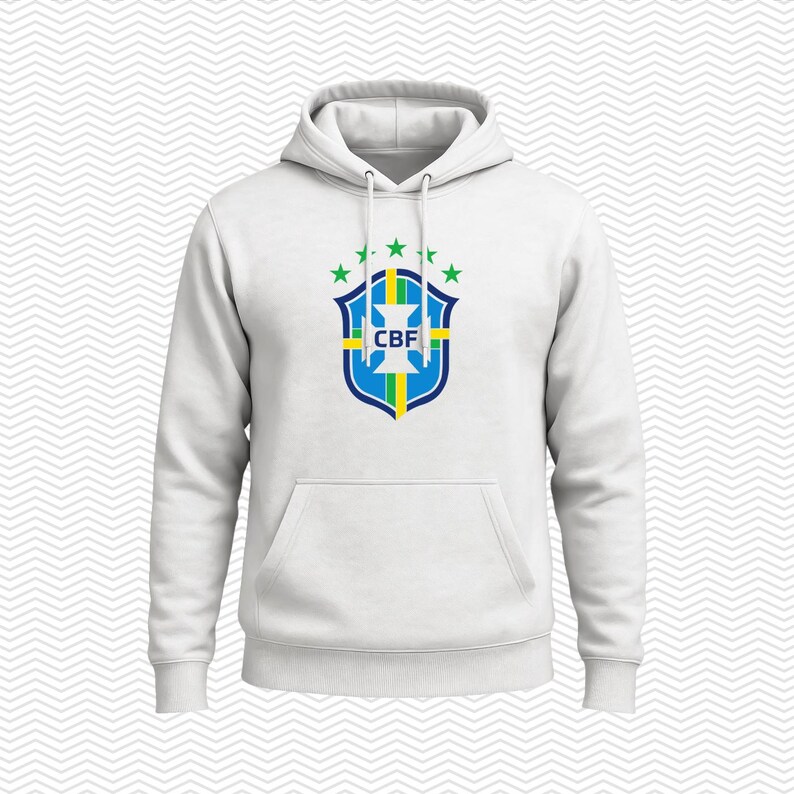 May include: A white hooded sweatshirt featuring a front kangaroo pocket and long sleeves. The center of the chest displays the blue, green, and yellow crest of the Brazilian Football Confederation with the letters CBF and five green stars above.