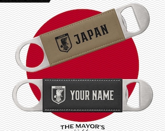 Japan Laser Engraved Leather Bottle Opener | Customizable Name Text Option | Stainless Steel Flat Bar