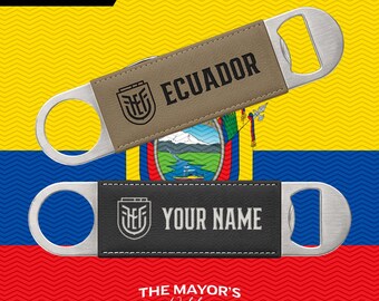 Ecuador Laser Engraved Leather Bottle Opener | Customizable Name Text Option | Stainless Steel Flat Bar