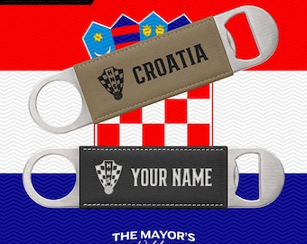 Croatia Laser Engraved Leather Bottle Opener | Customizable Name Text Option | Stainless Steel Flat Bar