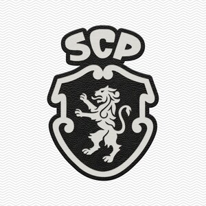 May include: A black and white patch featuring a shield shape with a textured surface. The design includes a stylized lion standing on its hind legs in the center and the letters SCP in a bold font positioned above the shield on a curved banner.