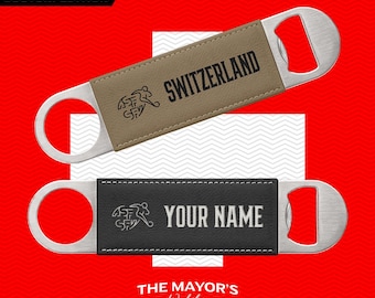 Switzerland Laser Engraved Leather Bottle Opener | Customizable Name Text Option | Stainless Steel Flat Bar
