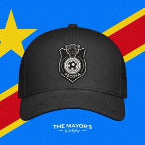 DR Congo Soccer Snapback Hat | Congolese Leather Patch Cap | Black & White Leather