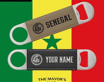 Senegal Laser Engraved Leather Bottle Opener | Customizable Name Text Option | Stainless Steel Flat Bar