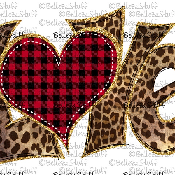 Leopard Love with Buffalo Plaid Heart - PNG File, Sublimation Design for Digital, Download and Printable, transparent, Valentine