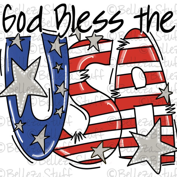 God Bless the USA - Patriotic - PNG File, Sublimation Design for Digital Download and Printable, Hand Sketched