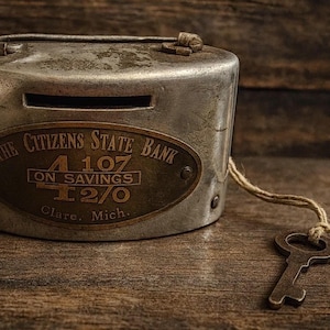 May include: A vintage metal money box with a coin slot, displaying an oval emblem with the text "The Citizens State Bank" and "Clare, Mich." A key is attached by a string. The bank has a worn, aged appearance, suggesting it is an antique.