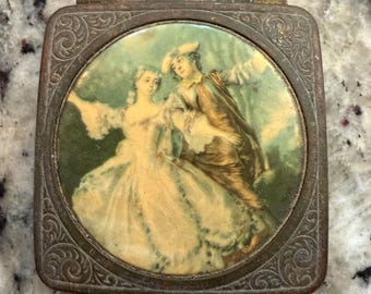 Espejo compacto antiguo Tre Jur - Pareja romántica victoriana de los años 20-30